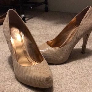 BCBG nude snake skin heels